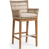 Valerie Outdoor Bar Stool in Natural Teak, Poly Weave & Neutral Fabric