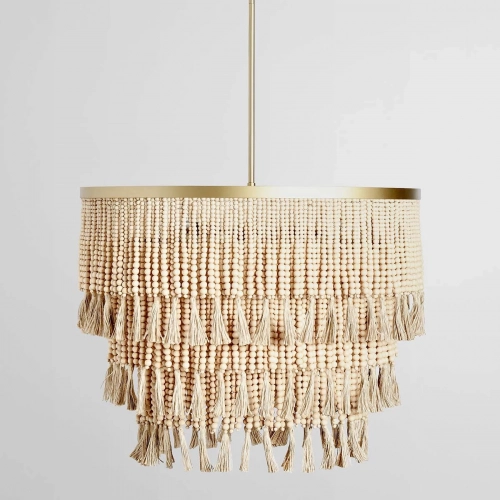 Brittany Chandelier in Natural Wood Beads, Tassels & Iron