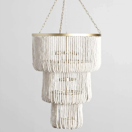 Amanda Chandelier in White Wood Beads & Gold Iron