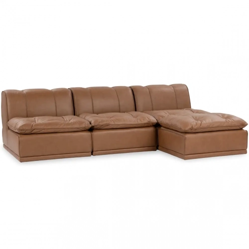 Haven Modular 3 Piece Sectional Sofa w/ Ottoman in Toffee Brown Top Grain Leather