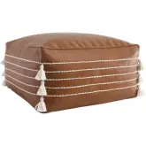 Ezekiel Pouf Ottoman in Brown Vegan Leather & Tassels