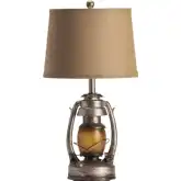 Oil Lantern Table Lamp w/ Nightlight in Gray Resin & Tan Burlap