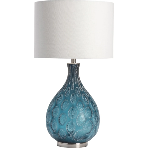 Pearson Table Lamp in Reactive Glaze Blue Glass & White Linen