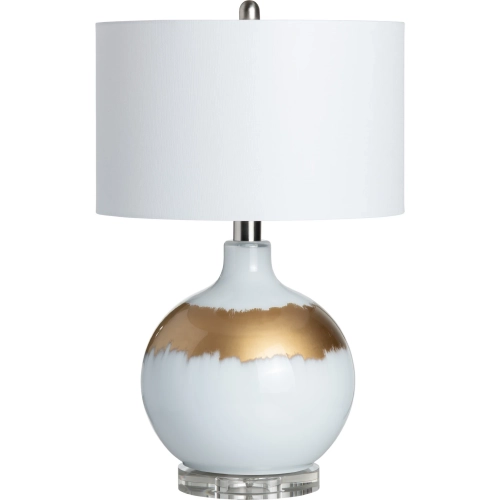Dana Table Lamp in Reverse Painted Gloss White Glass, Gold & White Linen