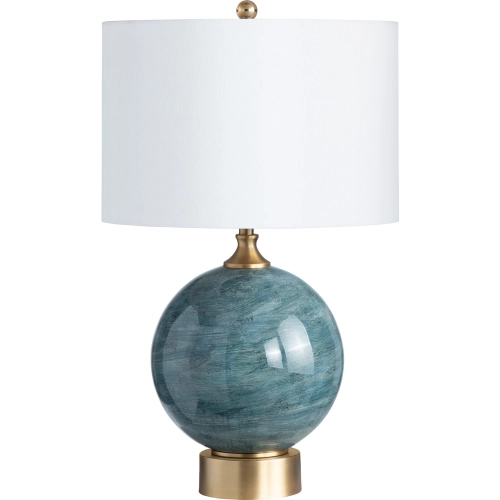Downs Table Lamp in Teal Glass, Brass & White Linen