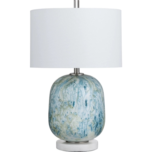 Channing Table Lamp in Blue Dripped Glaze Glass & White Linen