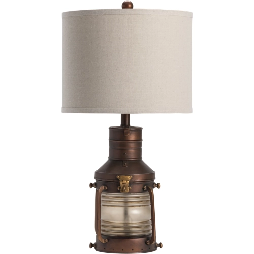 Copper Lantern Table Lamp in Copper Resin, Frosted Ribbed Glass & Linen