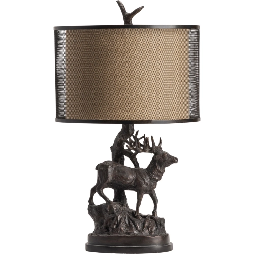 Hunters Walk Table Lamp in Brown Resin, Linen & Black Metal Mesh (Set of 2)