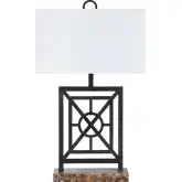 Englewood Table Lamp in Aged Iron, Brown Marble & White Linen