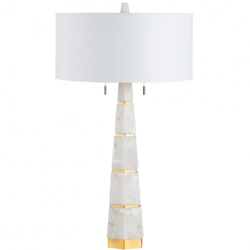 Bronte Table Lamp w/ Nightlight in White Alabaster, Brass & Linen