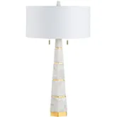 Bronte Table Lamp w/ Nightlight in White Alabaster, Brass & Linen