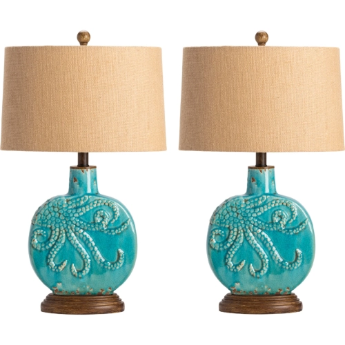 Deep Ocean Table Lamp in Textured Aqua Glaze Octopus Motif & Linen (Set of 2)