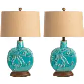 Deep Ocean Table Lamp in Textured Aqua Glaze Octopus Motif & Linen (Set of 2)