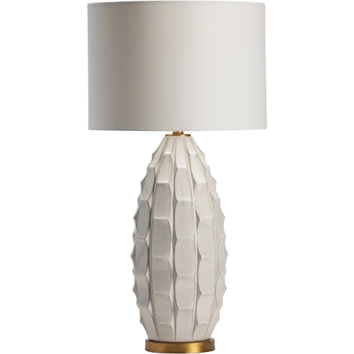 Cambridge Table Lamp in Scalloped White Ceramic, Gold & White Linen
