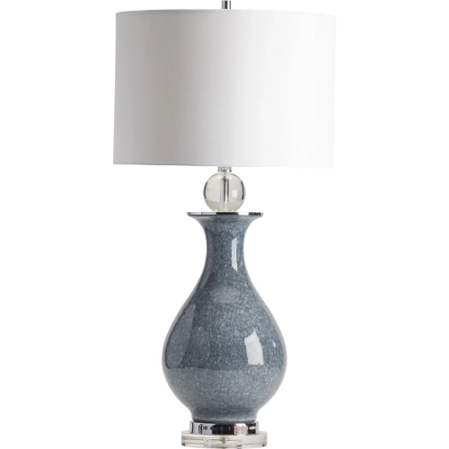Francis Table Lamp in Speckled Blue Ceramic, Crystal, Silver & White Fabric