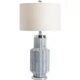 Fullbright Table Lamp in Glazed Blue & White Ceramic & White Linen