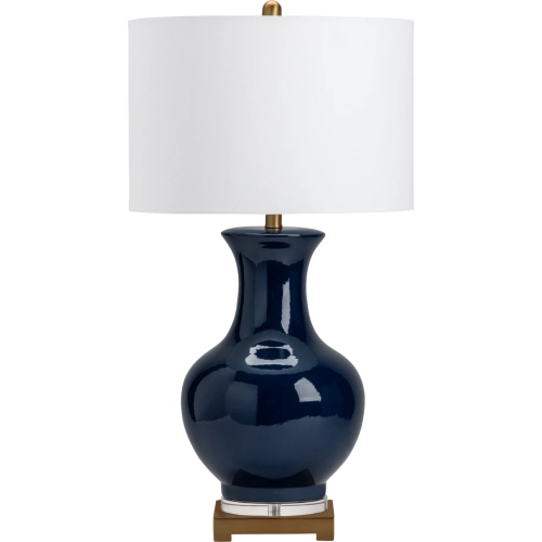 Hamilton Urn Table Lamp in Deep Blue Glazed Ceramic, Brass & White Linen