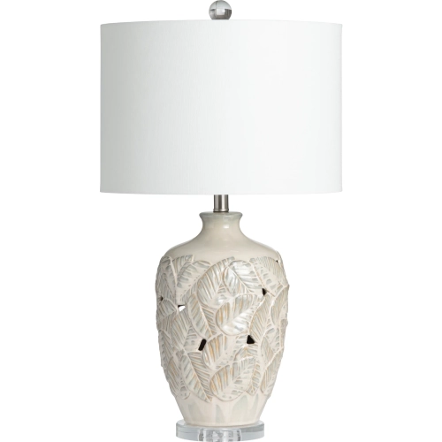 Coastal Leaf Table Lamp in Palm Leaf Pattern Cream Ceramic & White Linen