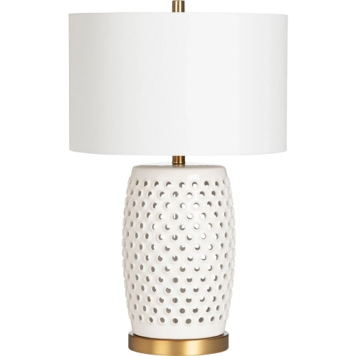 Jameson Table Lamp w/ Nightlight in White Ceramic, Gold & White Linen