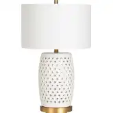 Jameson Table Lamp w/ Nightlight in White Ceramic, Gold & White Linen