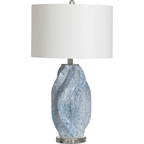 Janice Swirl Table Lamp in Blue Ceramic, Crystal & White Linen