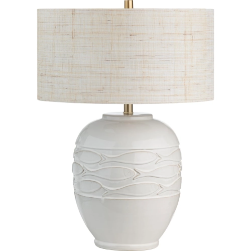 Piper Table Lamp in Fish Pattern Cream & Ivory Ceramic & Oatmeal Grass Cloth