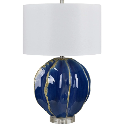 Renwill Table Lamp in Deep Cobalt Blue Reactive Glaze Ceramic & White Linen