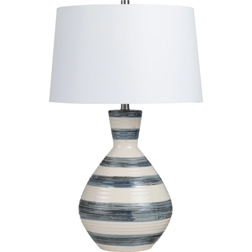Avent Table Lamp in Striped Cream & Navy Blue Glaze Ceramic & White Linen