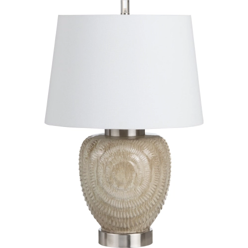 Crestview Table Lamp in Tan Ceramic, Nickel & White Linen