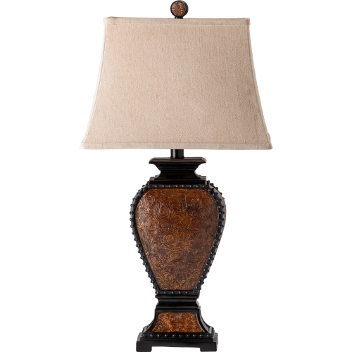 Tooled Leather Table Lamp in Brown Resin & Tan Fabric (Set of 2)