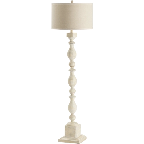 Floor Lamp 66" Wood Post in Distressed Cream Resin & Beige Fabric
