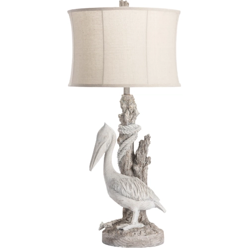 Pelican Table Lamp in Distressed Faux Driftwood Resin & Beige Linen