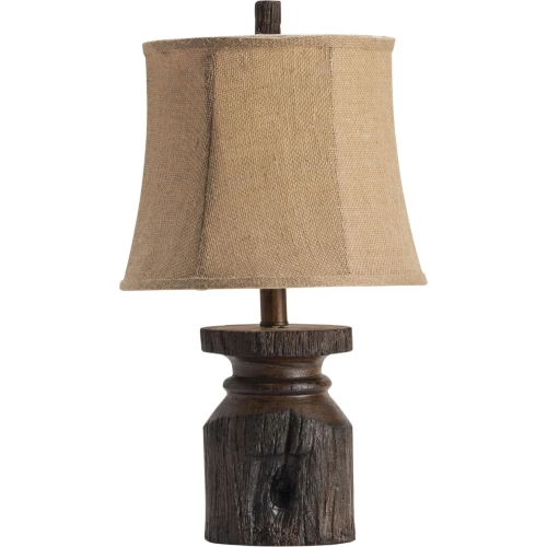 Barn Post Table Lamp in Brown Faux Wood Resin & Light Brown Fabric