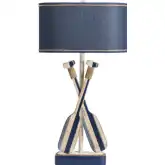 Boat Oar Table Lamp in Navy Blue & Cream Resin, Rope & Blue Linen (Set of 2)