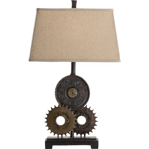 Gears Table Lamp in Antique Brown Bronze Resin & Tan Linen