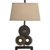 Gears Table Lamp in Antique Brown Bronze Resin & Tan Linen