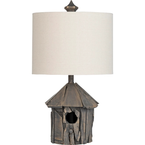 Birdhouse Table Lamp w/ Nightlight in Faux Wood Resin & Linen (Set of 2)