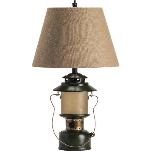 Camp Lantern Lamp w/ Nightlight in Antique Green Resin & Burlap (Set of 2)