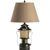 Camp Lantern Lamp w/ Nightlight in Antique Green Resin & Burlap (Set of 2)