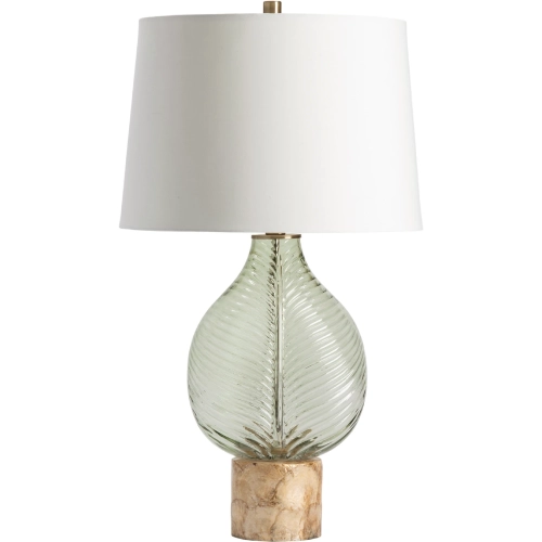 Leaf Table Lamp in Translucent Pale Green Glass, Capiz Shell & White Linen