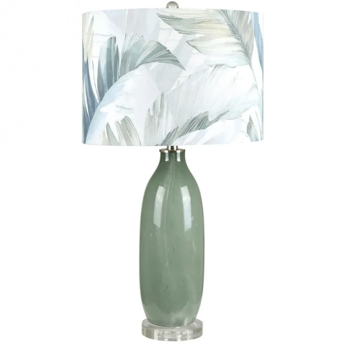 Thornton Table Lamp in Green Bottle Shaped Glass & Pattern Linen (Set of 2)