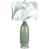 Thornton Table Lamp in Green Bottle Shaped Glass & Pattern Linen (Set of 2)
