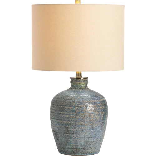 Blaze Earthenware Table Lamp in Deep Turquoise & Tan Ceramic & Linen