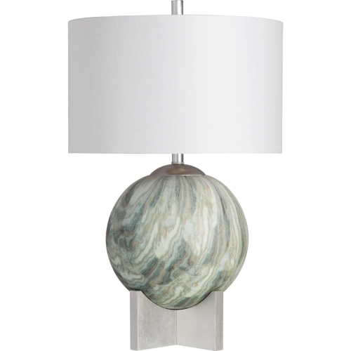 Solace Table Lamp in Swirl Green, Gray, & Blue Ceramic, Silver Wood & White Linen