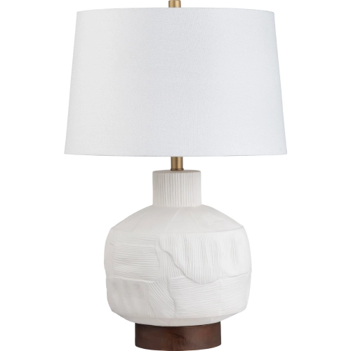 Avi Table Lamp in White Ceramic, Wood & White Linen