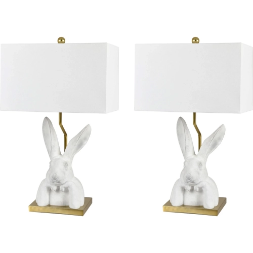 Bunny Love Table Lamp in Chalk White Resin Bunny, Gold & White Linen (Set of 2)