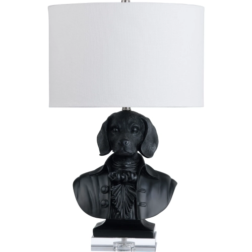 Beauchamp Table Lamp in Black Resin Dog Bust, Silver & White Linen