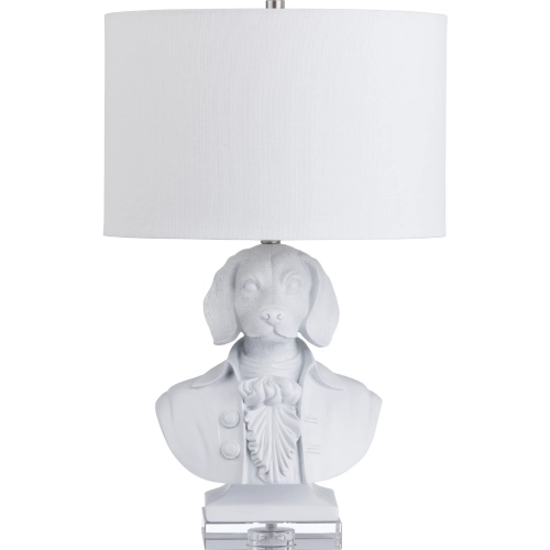 Beauchamp Table Lamp in White Resin Dog Bust, Silver & White Linen