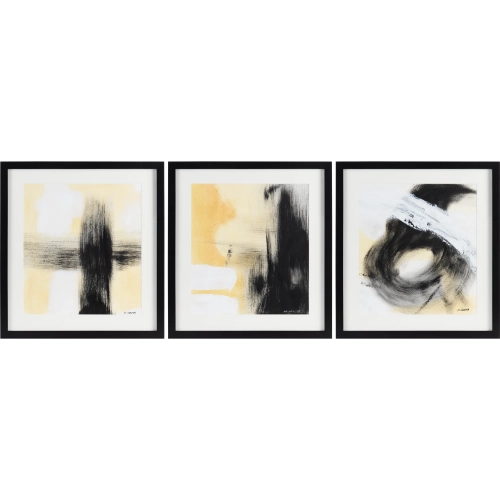 Abstract Paper Oil Painting in Black, White & Yellow (Set of 3)