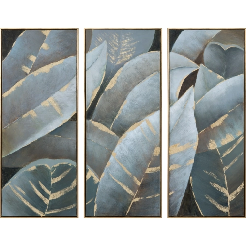 Stylized Palms Canvas Painting in Blue (Set of 3)